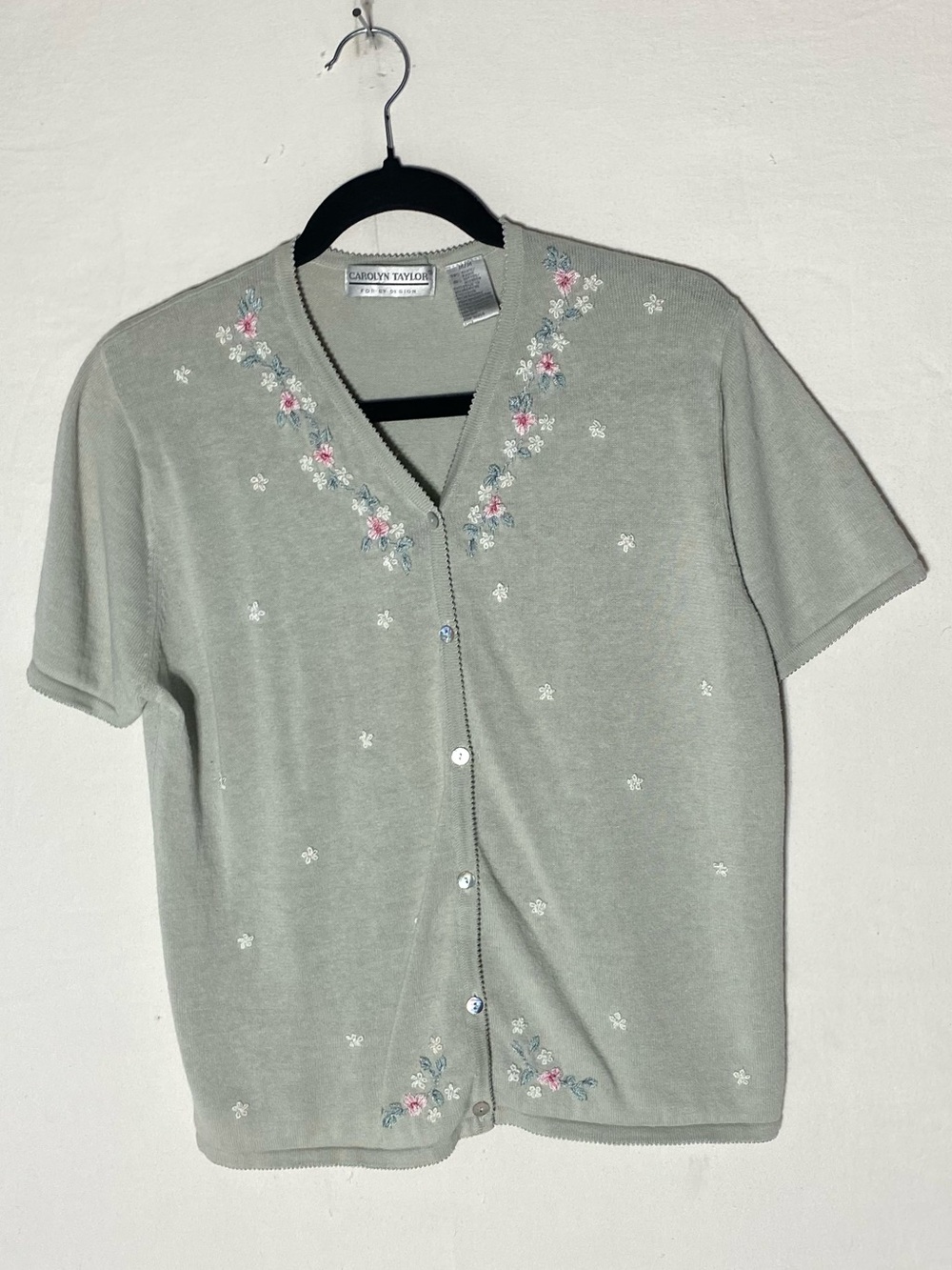 Vintage Carolyn Taylor Sage Green Embroidered Short Sleeve Cardigan Knit Top M